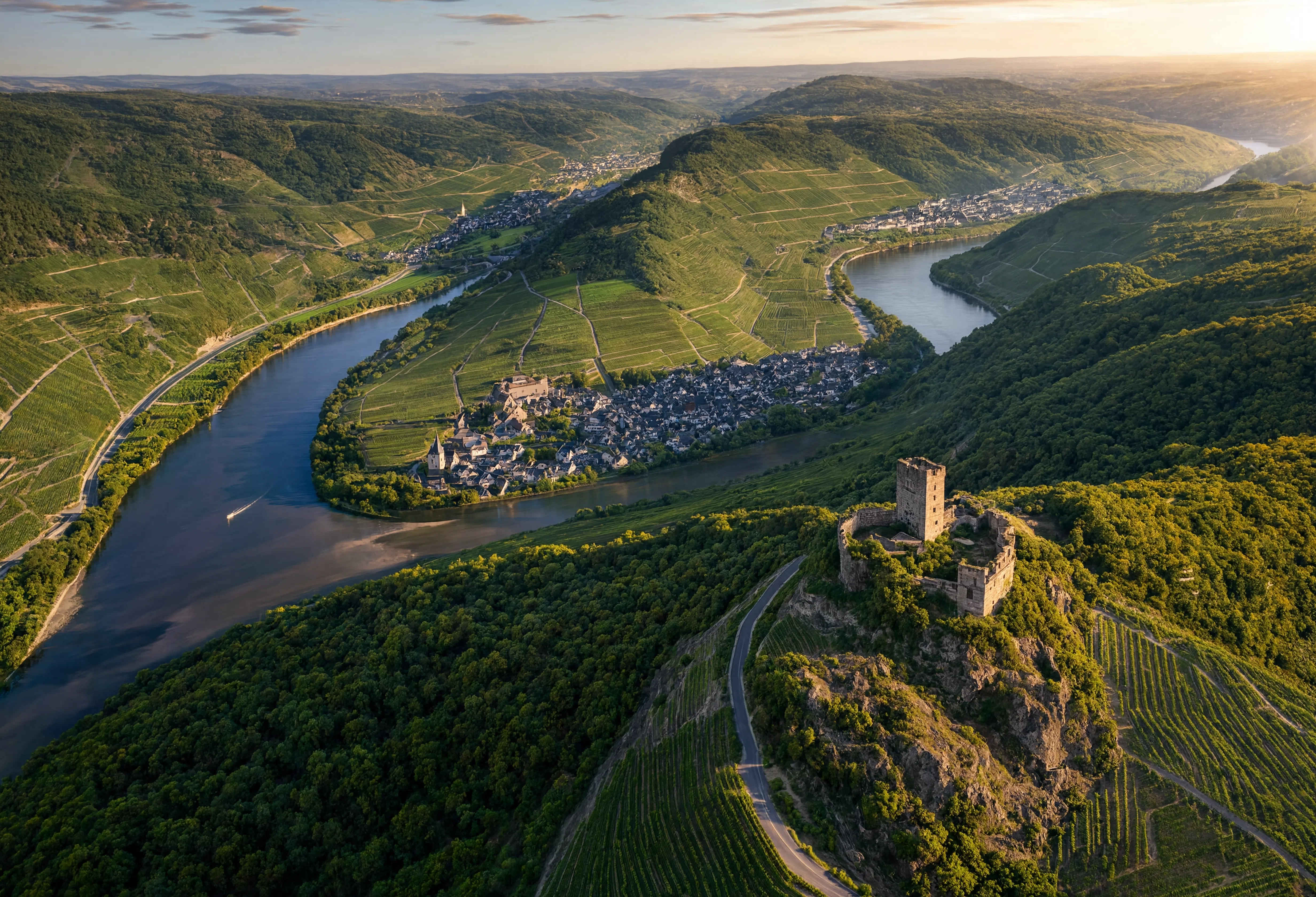 Panorama der deutschen Landschaft – grüne Hügel, Täler und Wälder im Morgenlicht